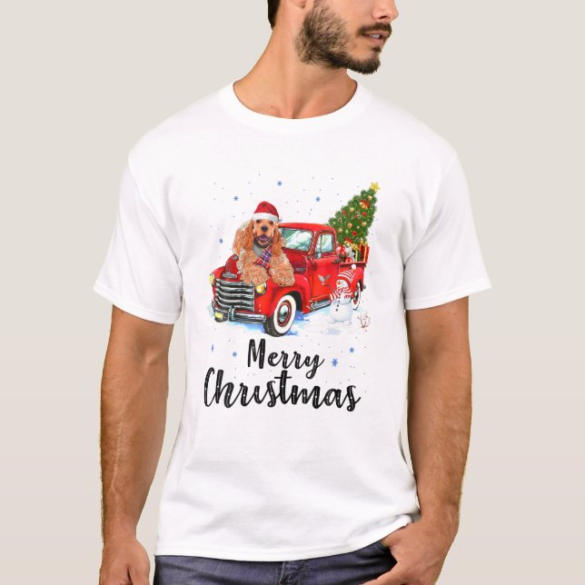 Cocker Spaniel Rides Red Truck Christmas Pajama T-Shirt (Front)