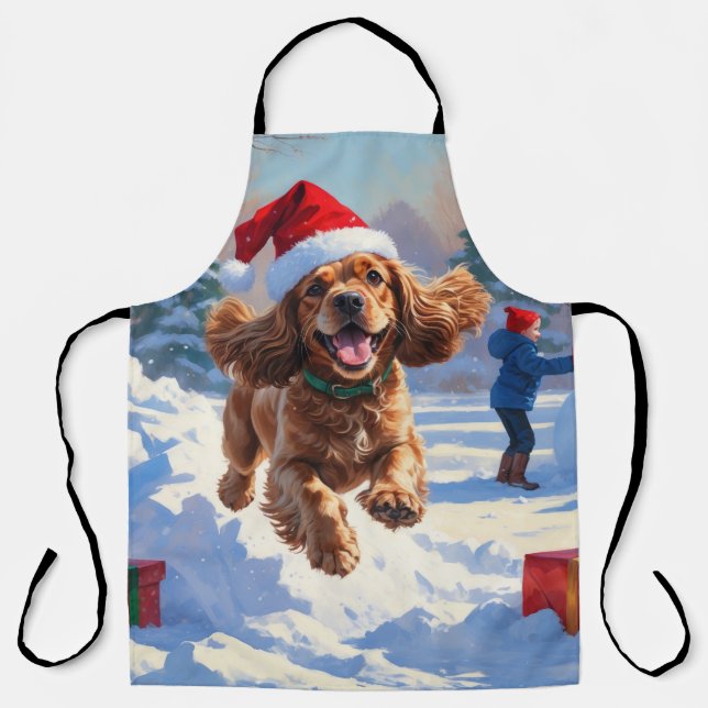 Cocker Spaniel Running in Snow with Christmas Hat Apron (Front)