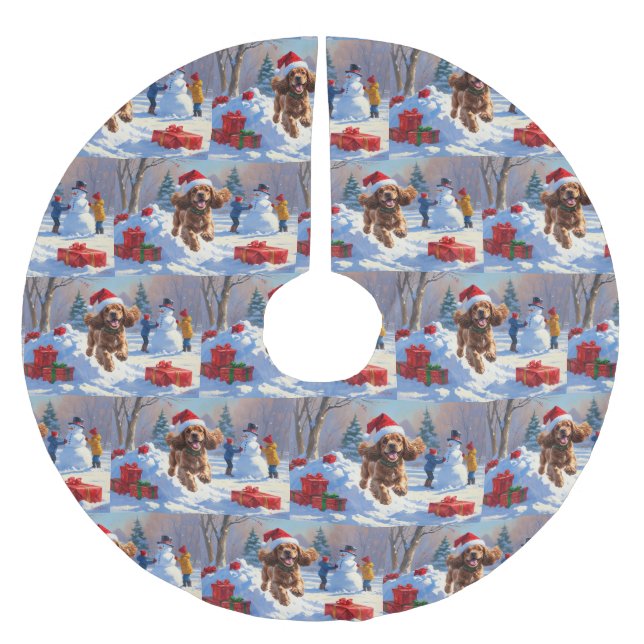 Cocker Spaniel Running in Snow with Christmas Hat Brushed Polyester Tree Skirt (Front)