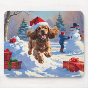 Cocker Spaniel Running in Snow with Christmas Hat Mouse Mat