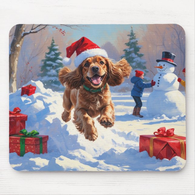 Cocker Spaniel Running in Snow with Christmas Hat Mouse Mat (Front)