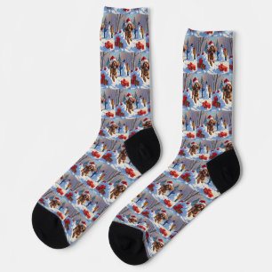 Cocker Spaniel Running in Snow with Christmas Hat Socks