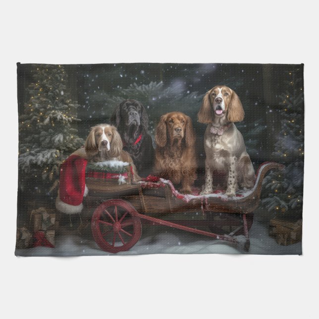 Cocker Spaniel Snowy Sleigh Christmas Decor   Tea Towel (Horizontal)