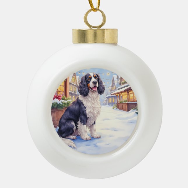 Cocker Spaniel Snowy Village Christmas Art Ceramic Ball Christmas Ornament (Front)