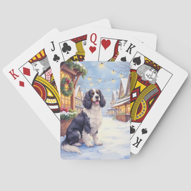 Cocker Spaniel Snowy Village Christmas Art Playing Cards (Back)