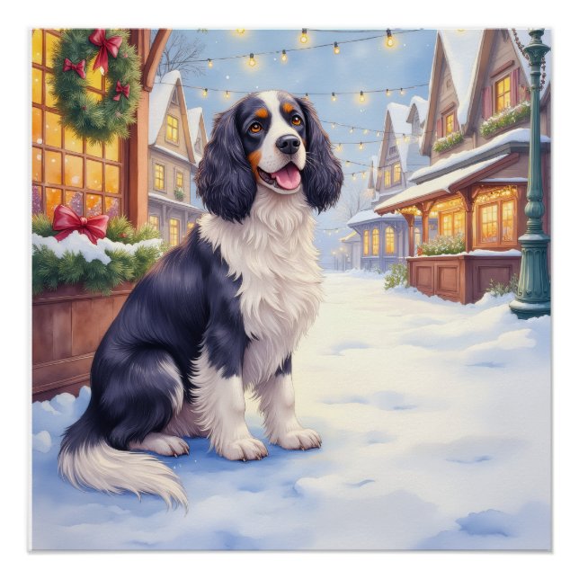 Cocker Spaniel Snowy Village Christmas Art Poster (Front)