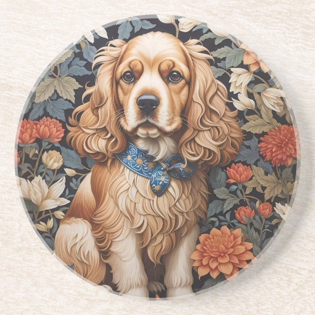 Cocker Spaniel William Morris Inspired Floral Coaster (Front)