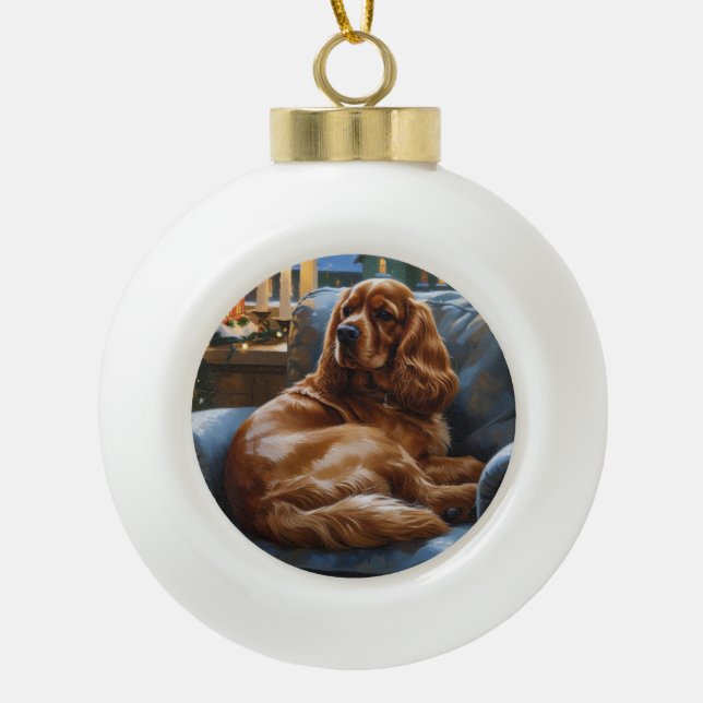 Cocker Spaniel with Christmas Lights Holiday Ceramic Ball Christmas Ornament (Front)