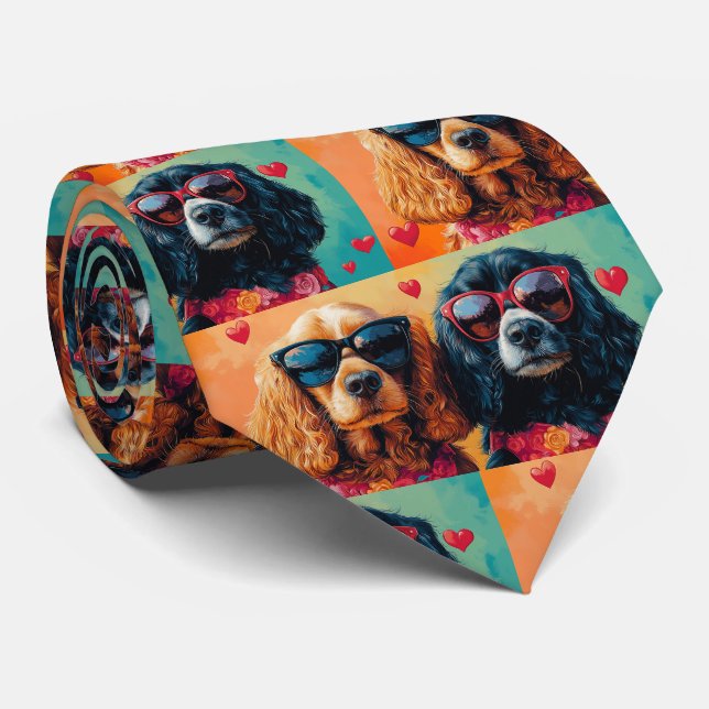 Cocker Spaniel With Heart Roses Valentine's Day  Tie (Rolled)