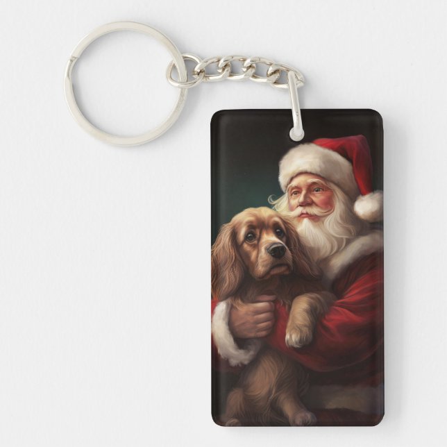 Cocker Spaniel With Santa Claus Festive Christmas Key Ring (Front)