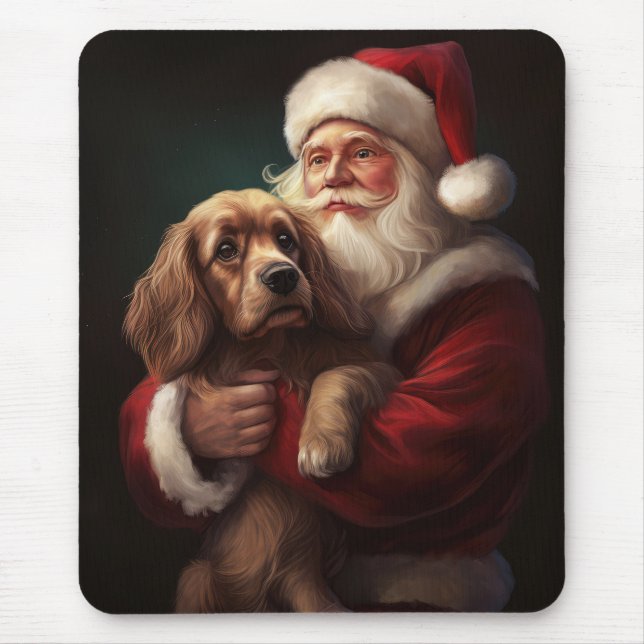 Cocker Spaniel With Santa Claus Festive Christmas Mouse Mat (Front)