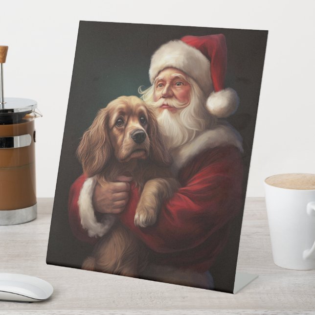 Cocker Spaniel With Santa Claus Festive Christmas Pedestal Sign (In SItu)