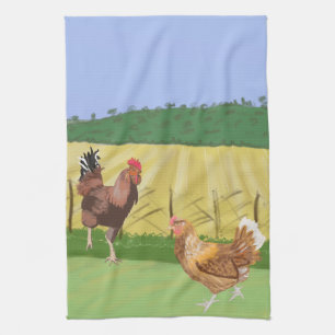 Cockerel and Chicken Tea Towel