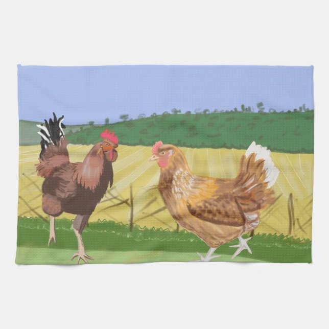 Cockerel and Chicken Tea Towel (Horizontal)