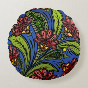 Cockscomb and BumbleBee Vibrant Blue, Green, Rose Round Cushion