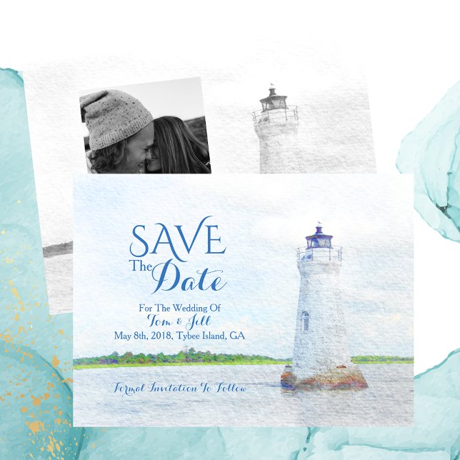 Cockspur Lighthouse Watercolor Photo Save The Date Announcement Postcard (Creator Uploaded)