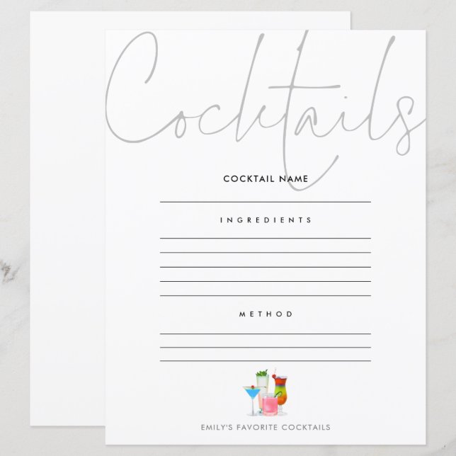 Cocktail Add Your Own Recipe Page Sheet (Front/Back)