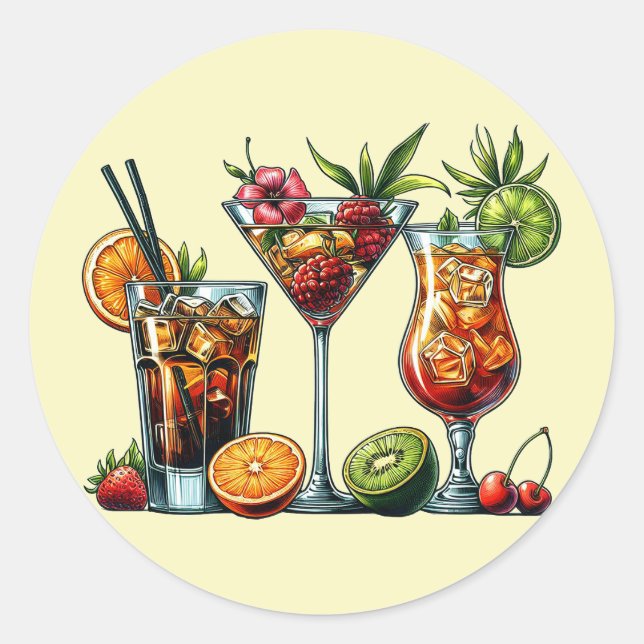 Cocktail alcoholic Drinks colour art illustrations Classic Round Sticker (Front)