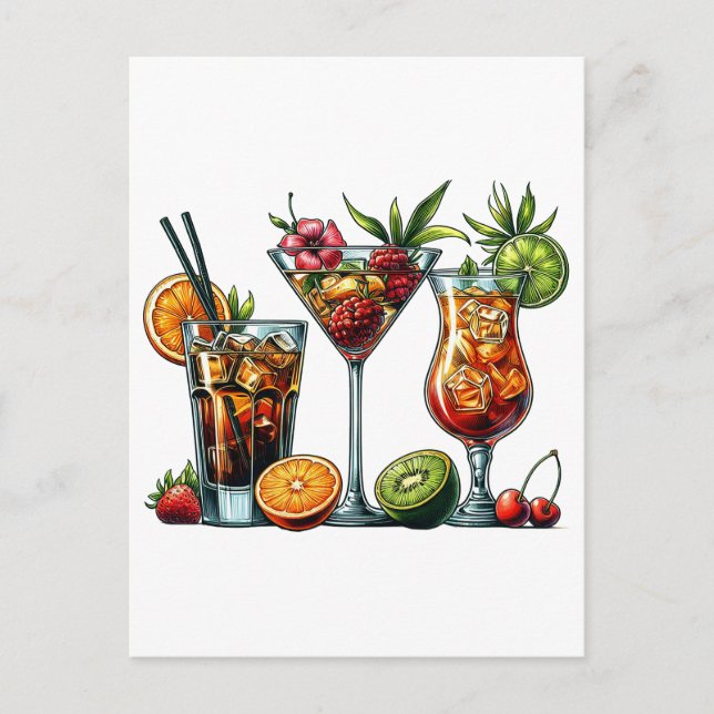 Cocktail alcoholic Drinks colour art illustrations Postcard (Front)