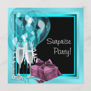 Cocktail Balloon Teal Blue Surprise Birthday Party Invitation