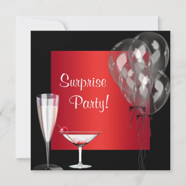 Cocktail Balloons Red Surprise Birthday Party Invitation (Front)