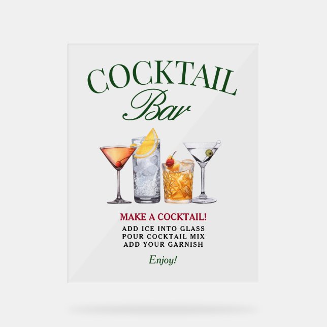 Cocktail Bar Green & Red Classy Acrylic Sign (Front)