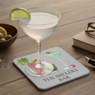 Cocktail Bar Watercolor Drinks Personalised Coaster