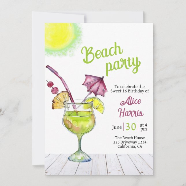Cocktail Beach party sweet 16 Invitation (Front)