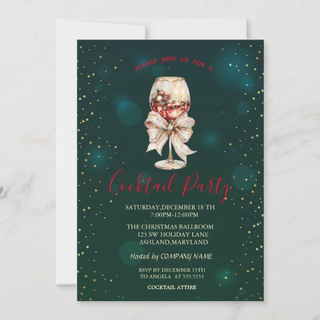  Cocktail Bow Stars Green Christmas Party  Invitation (Front)