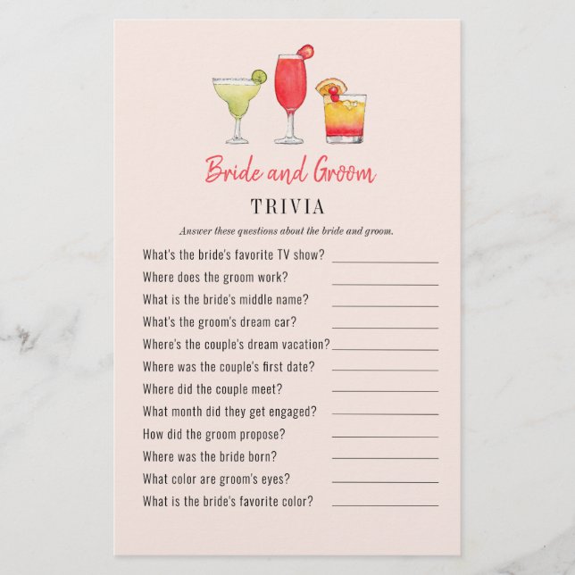 Cocktail Bride and Groom shower Trivia games (Front)