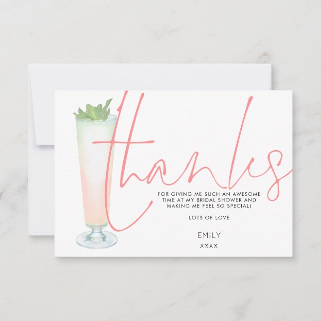 Cocktail Coral Stylish Script Bridal Shower Thank You Card (Front)