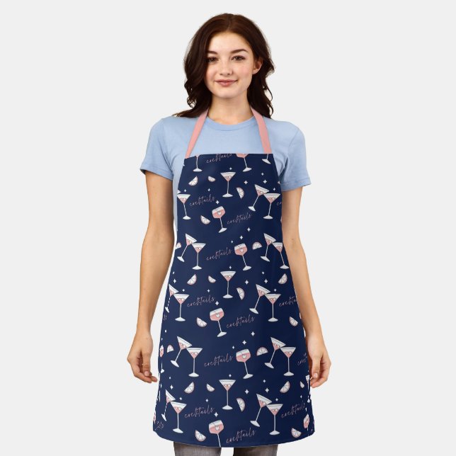 Cocktail Drinks Glasses & Lemon Slices Navy Patten Apron (Worn)