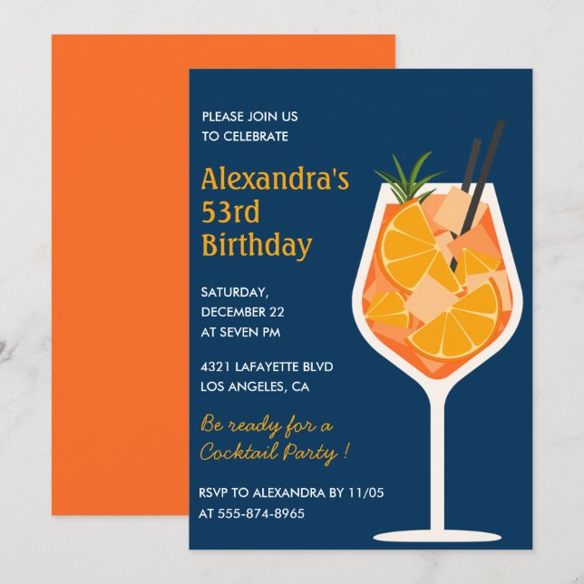 Cocktail Elegant Navy blue 53rd birthday Invitation (Front/Back)