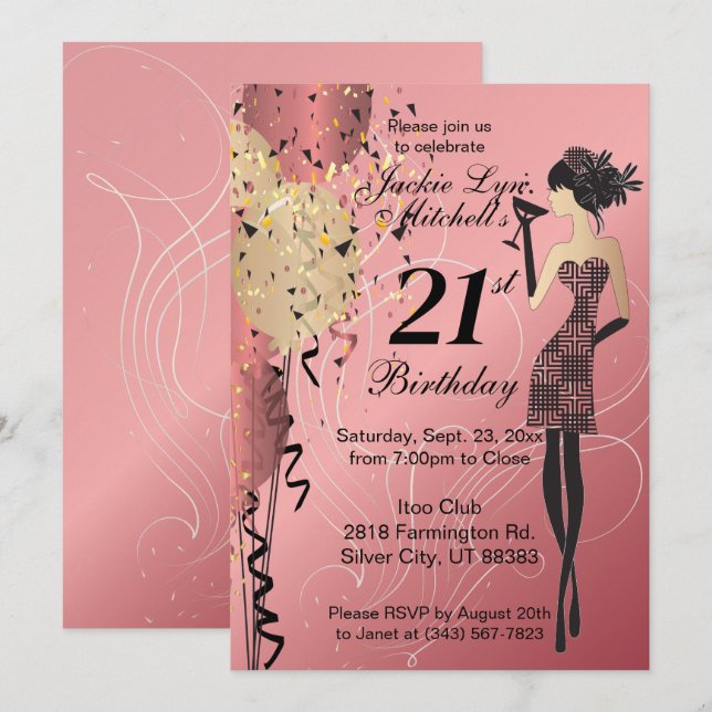 Cocktail Girl Birthday Party - Rose Gold Invitation (Front/Back)