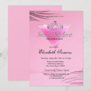 Cocktail Gold Tiara Pink Sweet 16 Invitation