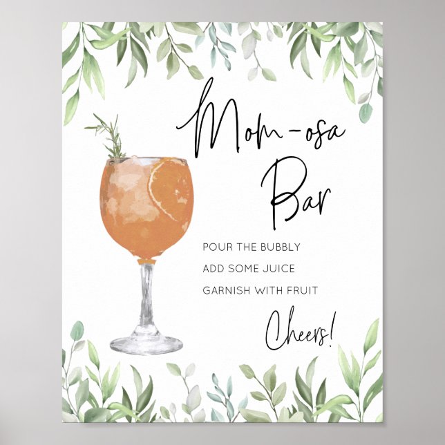 Cocktail Greenery Momosa Baby Shower Bar Sign (Front)