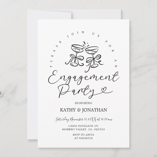 Cocktail Hand Drawn Whimsical Engagement Party Invitation (Front)