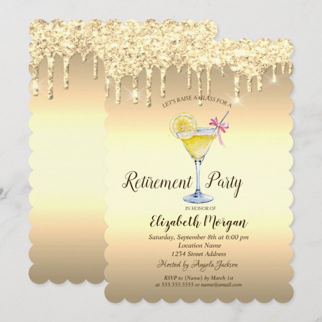 Cocktail Lemon Gold Glitter Drops Retirement Invitation (Front/Back)