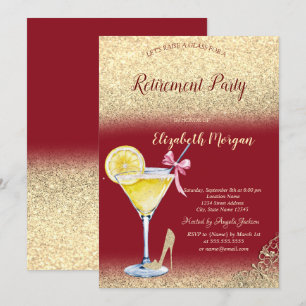 Cocktail Lemon Gold Glitter Red Retirement Invitation