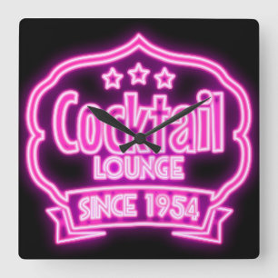 Cocktail lounge mid century vintage neon sign look square wall clock