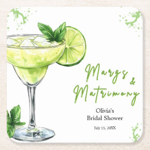 Cocktail Margs and Matrimony Bridal Shower Square Paper Coaster