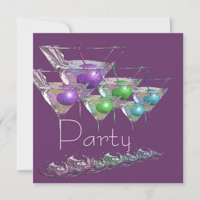 Cocktail martini glasses purple sheen party invitation (Front)