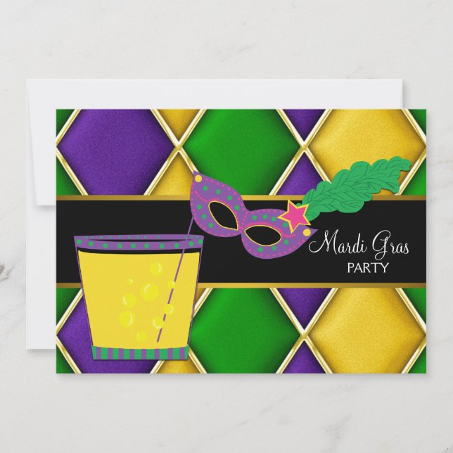 Cocktail Mask Fleur de Lis Mardi Gras Party Invitation (Front)