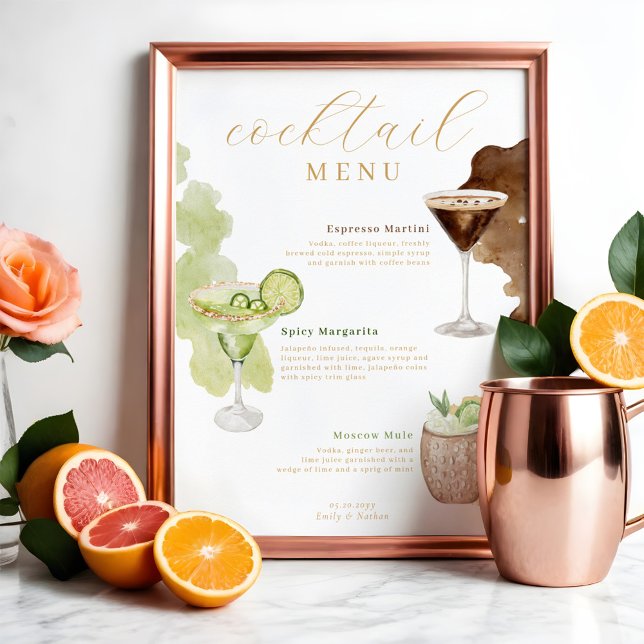 Cocktail Menu Watercolor Wedding Bar Drink Menu Poster (Cocktail Menu Watercolor Wedding Bar Drink Menu Poster)