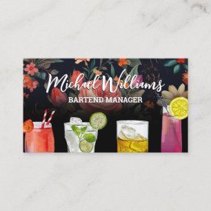 Cocktail Mix Drinks   Floral Background Business Card