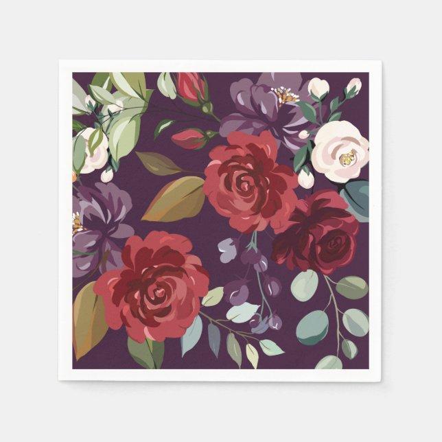 Cocktail Paper Napkin Plum Purple Roses Gold Geome (Front)