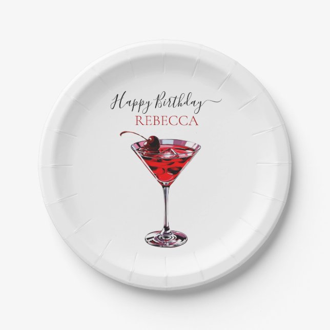 Cocktail Party Cherry Martini Happy Birthday Paper Plate (Front)