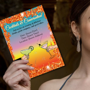 Cocktail party, sophisticated conversations, drink invitation