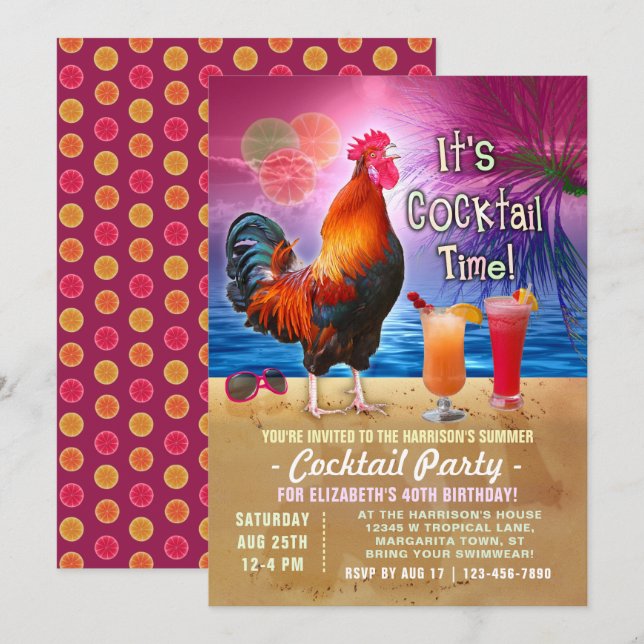 Cocktail Party Tropical Rooster Funny Birthday Invitation (Front/Back)