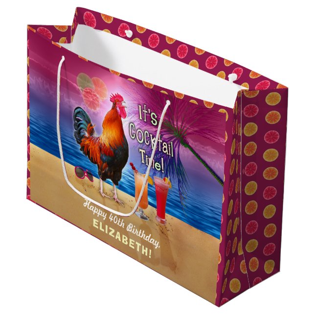 Cocktail Party Tropical Rooster Funny Birthday Large Gift Bag (Front Angled)